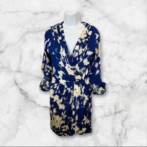 Yumi Kim XS Blue Ivory Abstract Print Wrap V-Neck Long Sleeve Mini Dress XS